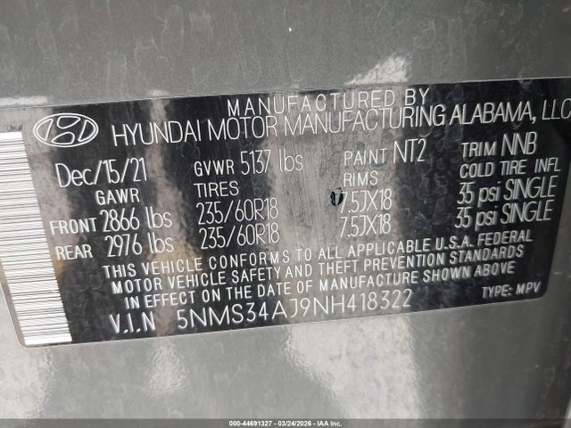 2022 Hyundai Santa Fe Sel მანქანა იყიდება აუქციონზე, vin: 5NMS34AJ9NH418322, აუქციონის ნომერი: 44691327