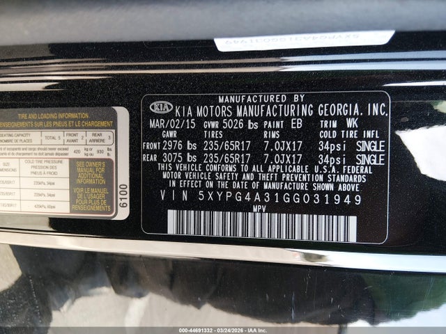 Aukcja sprzedaży 2016 Kia Sorento 2.4l L, vin: 5XYPG4A31GG031949, numer aukcji: 44691332