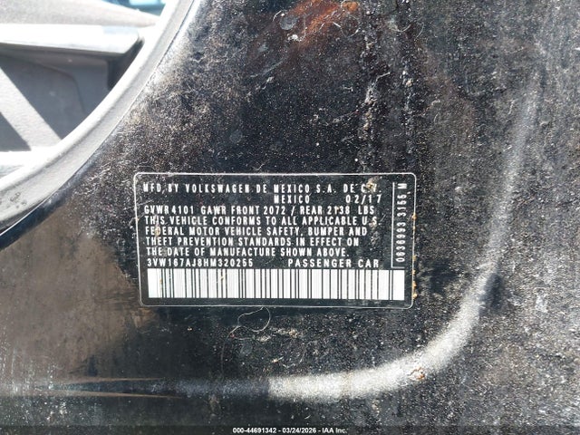 44691342 :رقم المزاد ، 3VW167AJ8HM320255 vin ، 2017 Volkswagen Jetta 1.4t S مزاد بيع