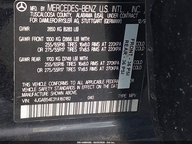 2000 Mercedes-benz Ml 320 მანქანა იყიდება აუქციონზე, vin: 4JGAB54E3YA160182, აუქციონის ნომერი: 44691352