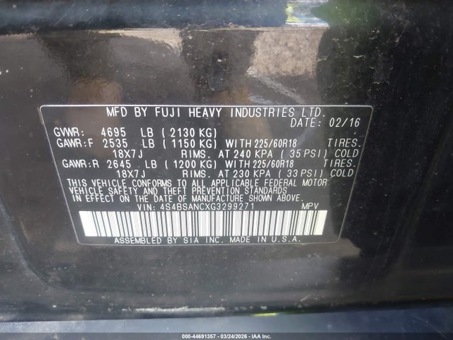 Продаж на аукціоні авто 2016 Subaru Outback 2.5i Limited, vin: 4S4BSANCXG3299271, номер лоту: 44691357