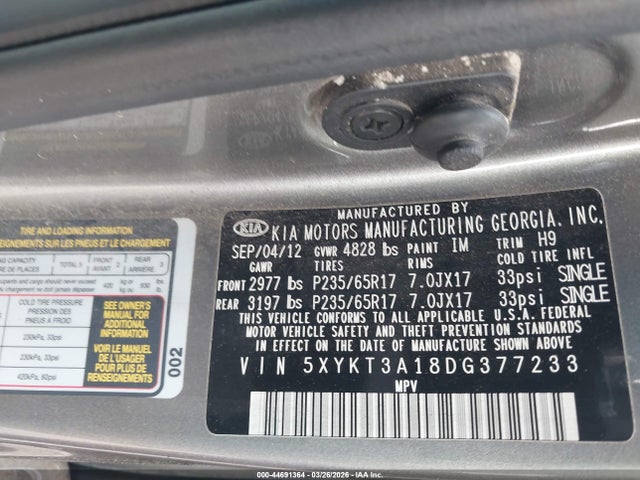 Продаж на аукціоні авто 2013 Kia Sorento Lx, vin: 5XYKT3A18DG377233, номер лоту: 44691364