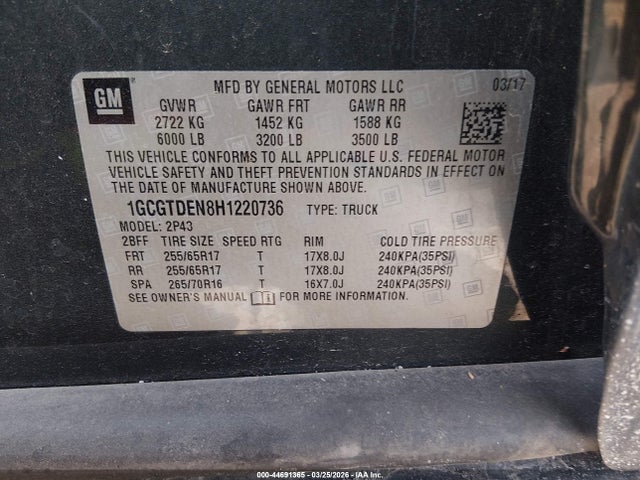 Продаж на аукціоні авто 2017 Chevrolet Colorado Z71, vin: 1GCGTDEN8H1220736, номер лоту: 44691365