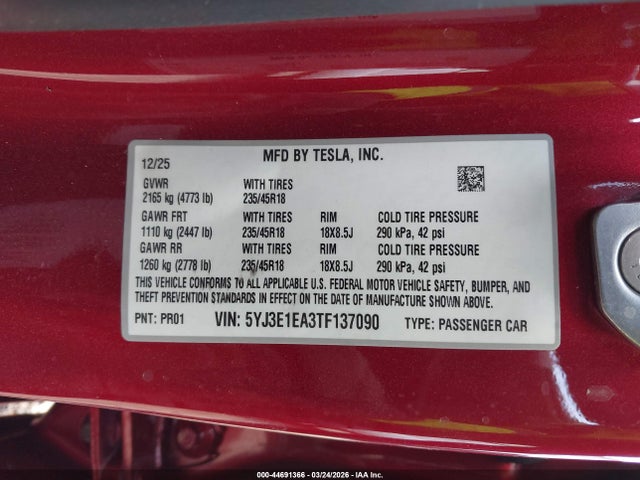 2026 Tesla Model 3 Premium Rear-wheel Drive/standard Rear-wheel Drive მანქანა იყიდება აუქციონზე, vin: 5YJ3E1EA3TF137090, აუქციონის ნომერი: 44691366