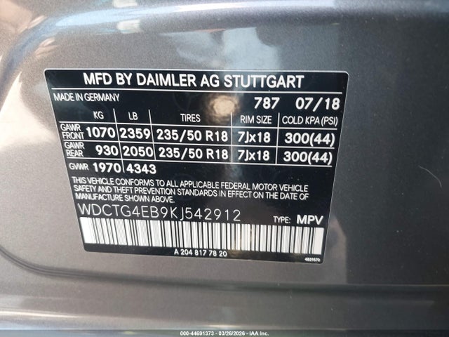 WDCTG4EB9KJ542912 Mercedes-Benz GLA 250