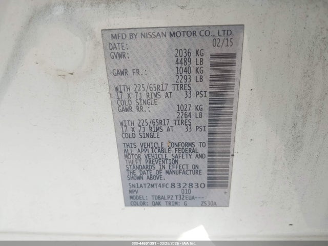 Aukcja sprzedaży 2015 Nissan Rogue S, vin: 5N1AT2MT4FC832830, numer aukcji: 44691391