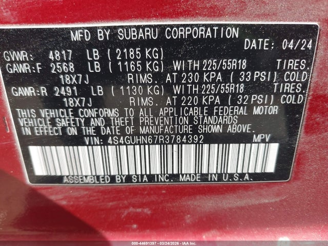 Aukcja sprzedaży 2024 Subaru Crosstrek Limited, vin: 4S4GUHN67R3784392, numer aukcji: 44691397