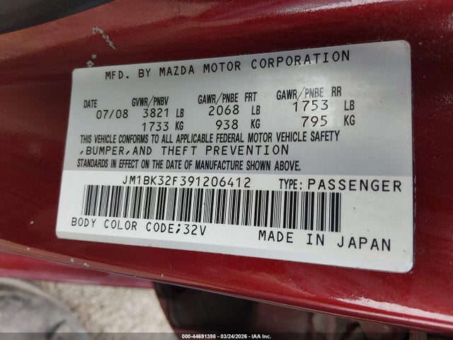 Продаж на аукціоні авто 2009 Mazda Mazda3 I, vin: JM1BK32F391206412, номер лоту: 44691398