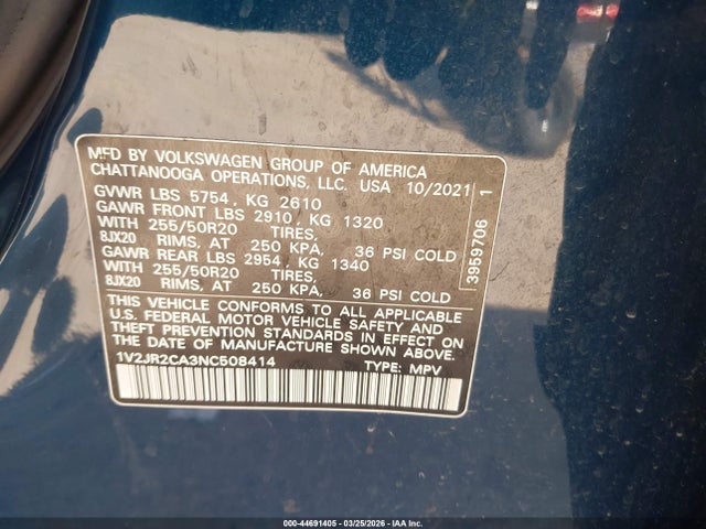 44691405 :رقم المزاد ، 1V2JR2CA3NC508414 vin ، 2022 Volkswagen Atlas 3.6l V6 Se W/technology مزاد بيع