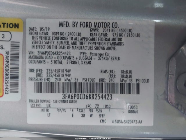 2019 FORD FUSION 3FA6P0CD6KR254423 Photo 8