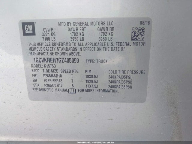 Aukcja sprzedaży 2016 Chevrolet Silverado 1500 1lt, vin: 1GCVKREH7GZ405099, numer aukcji: 44691421