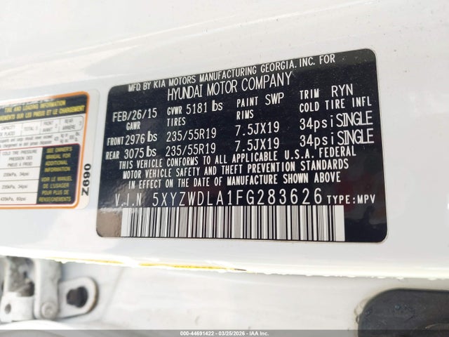 44691422 :رقم المزاد ، 5XYZWDLA1FG283626 vin ، 2015 Hyundai Santa Fe Sport 2.0l Turbo مزاد بيع