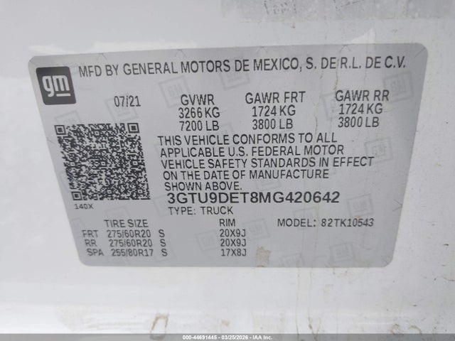 44691445 :رقم المزاد ، 3GTU9DET8MG420642 vin ، 2021 Gmc Sierra 1500 4wd  Short Box Slt مزاد بيع