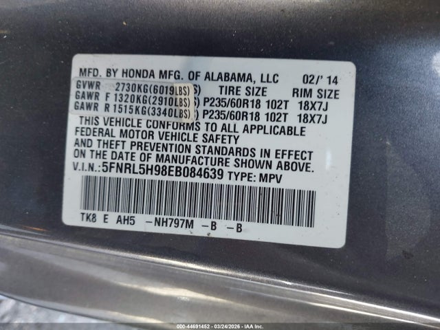 5FNRL5H98EB084639 Honda Odyssey Touring/touring Elite