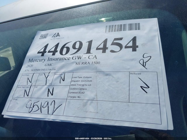 Продаж на аукціоні авто 2020 Gmc Sierra 1500 2wd  Short Box Sle, vin: 3GTP8BED4LG346356, номер лоту: 44691454