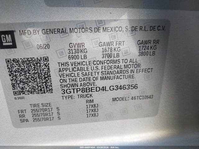 Продаж на аукціоні авто 2020 Gmc Sierra 1500 2wd  Short Box Sle, vin: 3GTP8BED4LG346356, номер лоту: 44691454