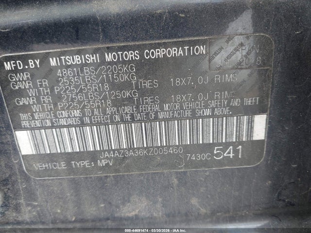2019 MITSUBISHI OUTLANDER JA4AZ3A36KZ005460 Photo 8