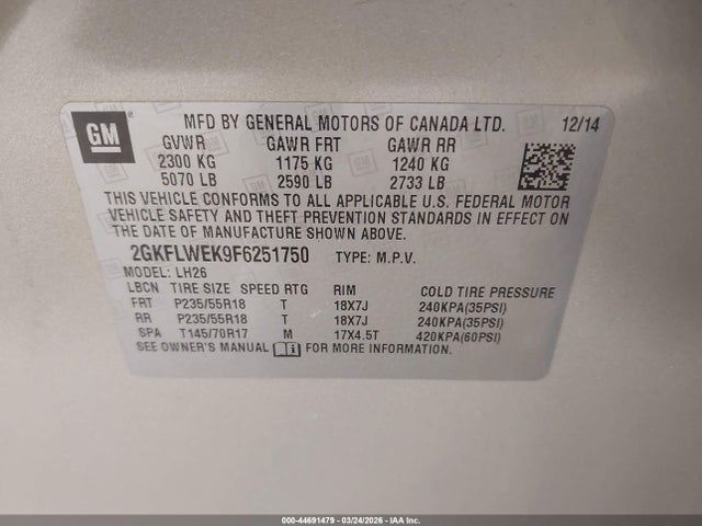Aukcja sprzedaży 2015 Gmc Terrain Sle-2, vin: 2GKFLWEK9F6251750, numer aukcji: 44691479