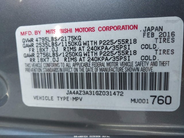 2016 MITSUBISHI OUTLANDER JA4AZ3A31GZ031472 Photo 8