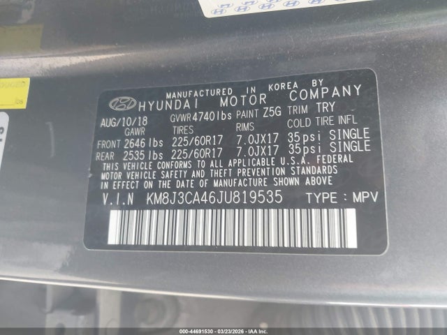 KM8J3CA46JU819535 Hyundai Tucson Sel Plus
