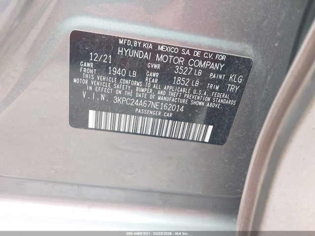 Aukcja sprzedaży 2022 Hyundai Accent Se, vin: 3KPC24A67NE162014, numer aukcji: 44691531