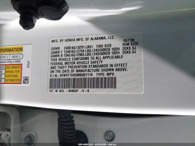 44691533 :رقم المزاد ، 5FNYF7H55MB001114 vin ، 2021 Honda Passport 2wd Ex-l مزاد بيع