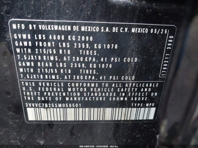 Aukcja sprzedaży 2025 Volkswagen Taos 1.5t Se, vin: 3VVVC7B25SM058501, numer aukcji: 44691535