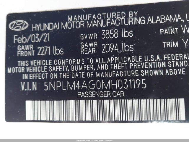 5NPLM4AG0MH031195 Hyundai ELANTRA SEL