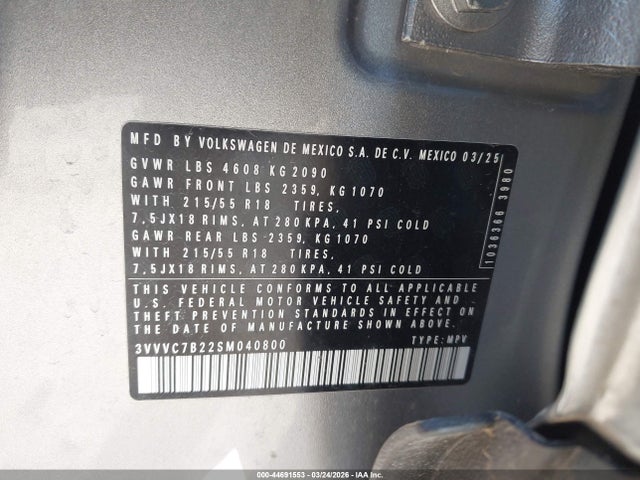 Aukcja sprzedaży 2025 Volkswagen Taos 1.5t Se, vin: 3VVVC7B22SM040800, numer aukcji: 44691553