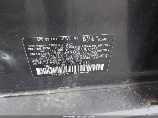 44691555 :رقم المزاد ، JF2SH61689H791918 vin ، 2009 Subaru Forester 2.5x مزاد بيع