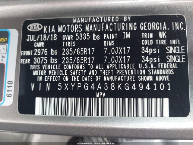 Aukcja sprzedaży 2019 Kia Sorento 2.4l L, vin: 5XYPG4A38KG494101, numer aukcji: 44691557