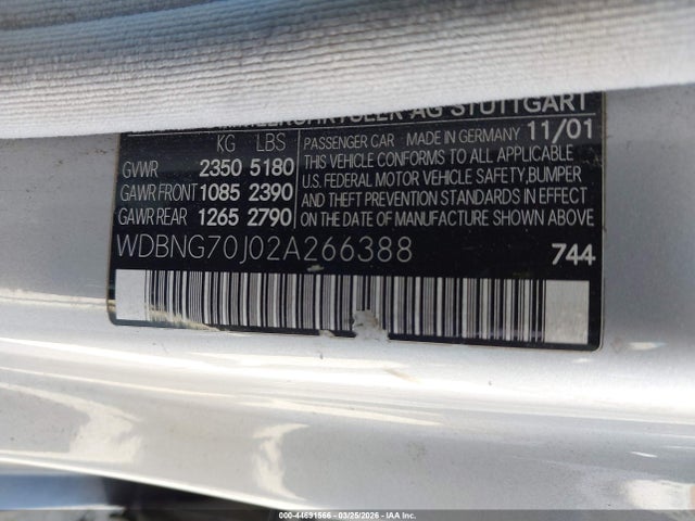 Aukcja sprzedaży 2002 Mercedes-benz S 430, vin: WDBNG70J02A266388, numer aukcji: 44691566