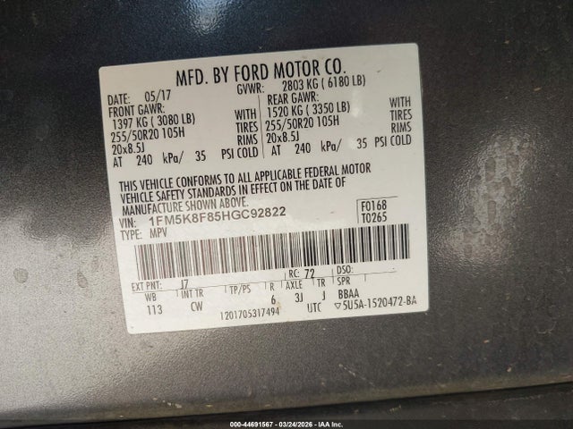 44691567 :رقم المزاد ، 1FM5K8F85HGC92822 vin ، 2017 Ford Explorer Limited مزاد بيع