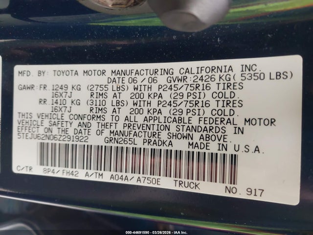 2006 TOYOTA TACOMA 5TEJU62N06Z291922 Photo 8