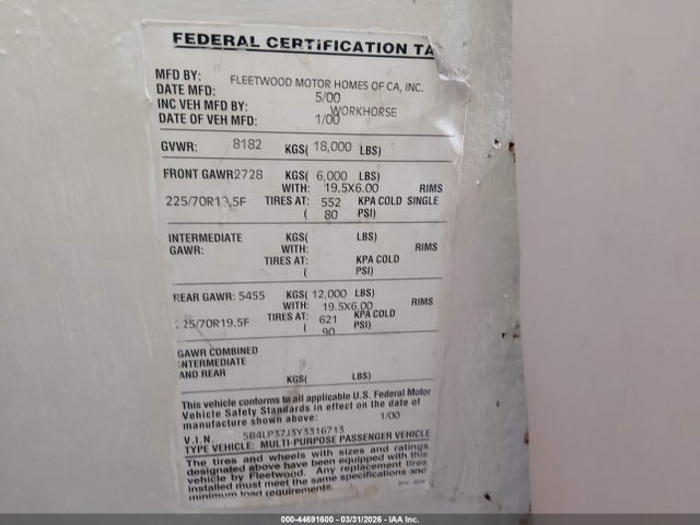 Aukcja sprzedaży 2000 Workhorse Custom Chassis Motorhome Chassis P3500, vin: 5B4LP37J3Y3316713, numer aukcji: 44691600