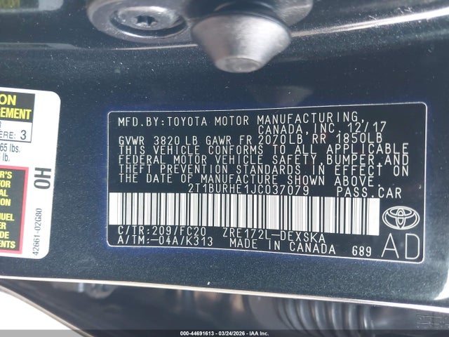 Продажа на аукционе авто 2018 Toyota Corolla Se, vin: 2T1BURHE1JC037079, номер лота: 44691613