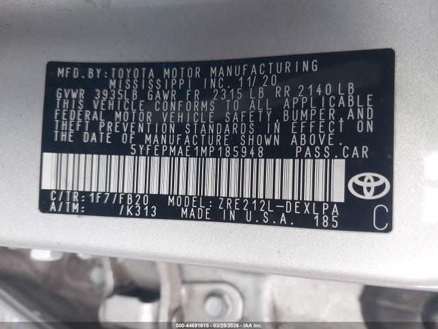 Aukcja sprzedaży 2021 Toyota Corolla Le, vin: 5YFEPMAE1MP185948, numer aukcji: 44691615