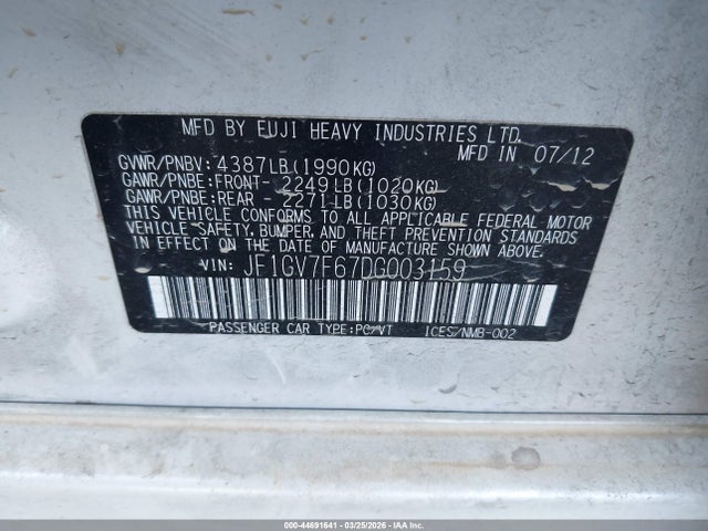 2013 Subaru Impreza Wrx Premium მანქანა იყიდება აუქციონზე, vin: JF1GV7F67DG003159, აუქციონის ნომერი: 44691641