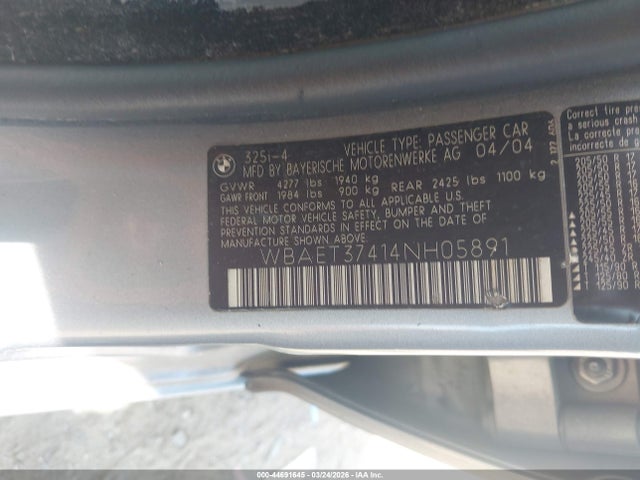 44691645 :رقم المزاد ، WBAET37414NH05891 vin ، 2004 Bmw 325i مزاد بيع