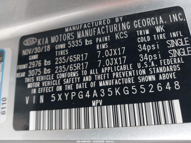 5XYPG4A35KG552648 KIA Sorento 2.4l Lx