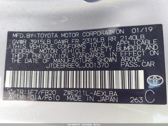JTDEBRBE9LJ001370 Toyota Corolla Hybrid Le