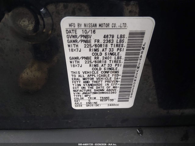 JN8AT2MV2HW002360 Nissan Rogue Sl
