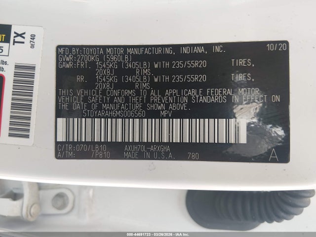 2021 TOYOTA HIGHLANDER 5TDYARAH6MS006560 Photo 8
