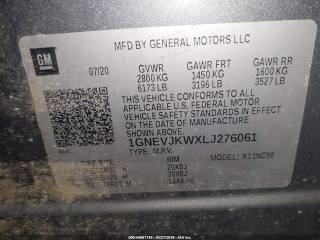 1GNEVJKWXLJ276061 Chevrolet Traverse Awd Rs