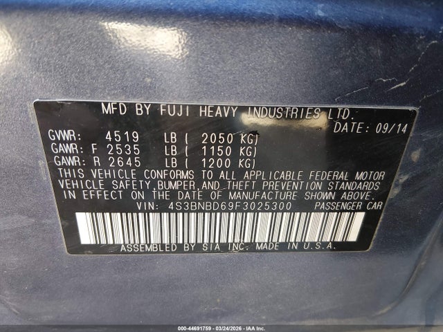 2015 Subaru Legacy 2.5i Premium მანქანა იყიდება აუქციონზე, vin: 4S3BNBD69F3025300, აუქციონის ნომერი: 44691759