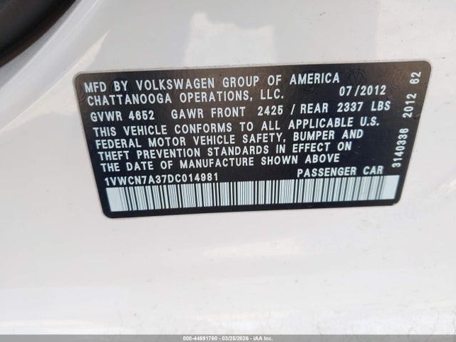 2013 Volkswagen Passat 2.0l Tdi Sel Premium მანქანა იყიდება აუქციონზე, vin: 1VWCN7A37DC014981, აუქციონის ნომერი: 44691760