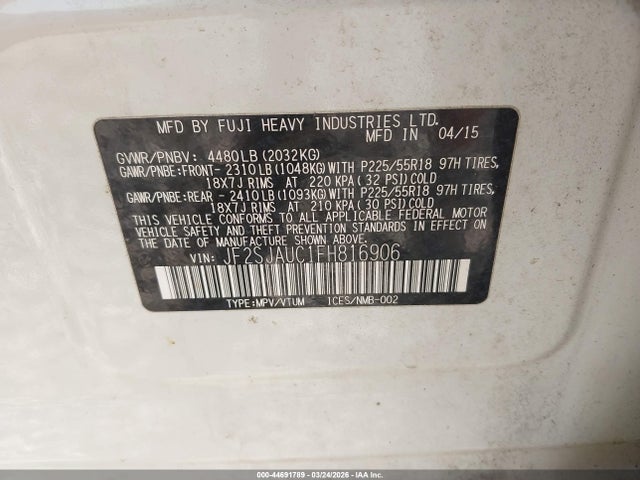 2015 Subaru Forester 2.5i Touring მანქანა იყიდება აუქციონზე, vin: JF2SJAUC1FH816906, აუქციონის ნომერი: 44691789