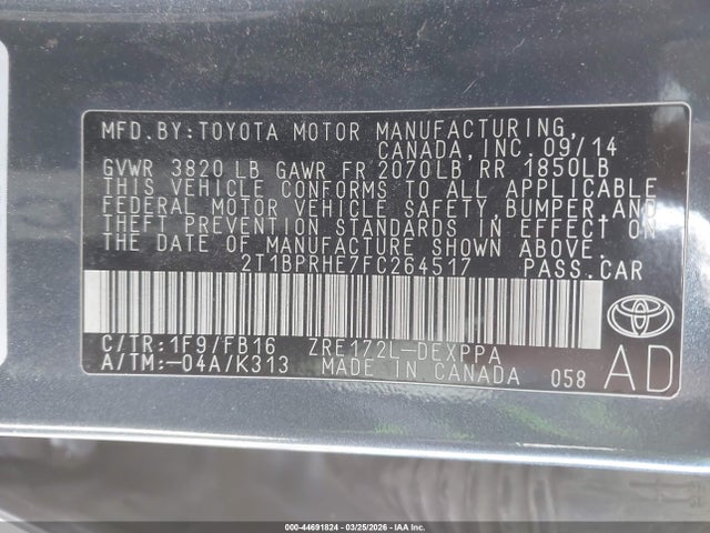 Продажа на аукционе авто 2015 Toyota Corolla Le Eco Plus, vin: 2T1BPRHE7FC264517, номер лота: 44691824