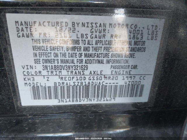 Продажа на аукционе авто 2022 Nissan Sentra Sr Xtronic Cvt, vin: 3N1AB8DV3NY321629, номер лота: 44691831