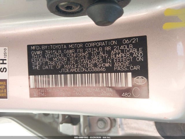 2022 Toyota Corolla Hybrid Le მანქანა იყიდება აუქციონზე, vin: JTDEAMDE0NJ038846, აუქციონის ნომერი: 44691852